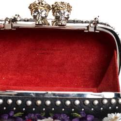 Pre Owned Alexander McQueen Multicolor Floral Embroidered Leather King and Queen Skull Chain Clutch