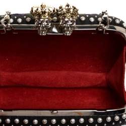 Pre Owned Alexander McQueen Multicolor Floral Embroidered Leather King and Queen Skull Chain Clutch