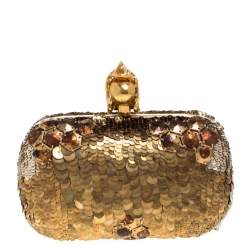 Pre Owned Alexander McQueen Gold Sequins Jaw Skull Clutch