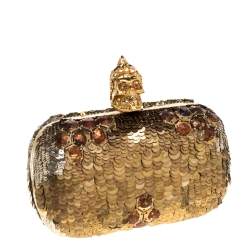 Pre Owned Alexander McQueen Gold Sequins Jaw Skull Clutch