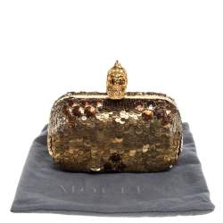 Pre Owned Alexander McQueen Gold Sequins Jaw Skull Clutch