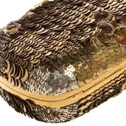 Pre Owned Alexander McQueen Gold Sequins Jaw Skull Clutch