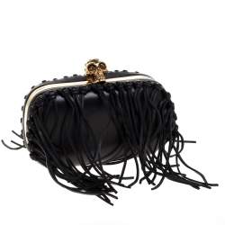 Pre Owned Alexander McQueen Black Leather Fringe Skull Box Clutch