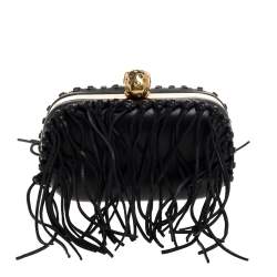 Pre Owned Alexander McQueen Black Leather Fringe Skull Box Clutch