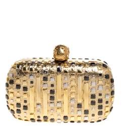 Pre Owned Alexander McQueen Metallic Gold Leather Studded Skull Box Clutch
