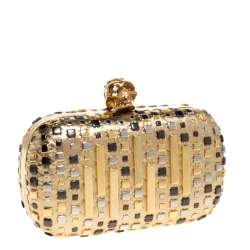 Pre Owned Alexander McQueen Metallic Gold Leather Studded Skull Box Clutch