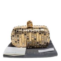 Pre Owned Alexander McQueen Metallic Gold Leather Studded Skull Box Clutch