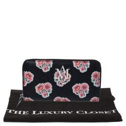 Pre Owned Alexander McQueen Black/Red Floral Print Leather Zip Around Continental Wallet