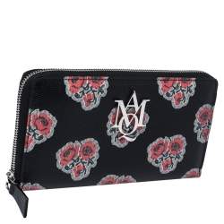 Pre Owned Alexander McQueen Black/Red Floral Print Leather Zip Around Continental Wallet