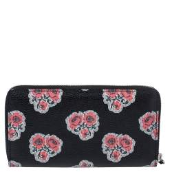 Pre Owned Alexander McQueen Black/Red Floral Print Leather Zip Around Continental Wallet