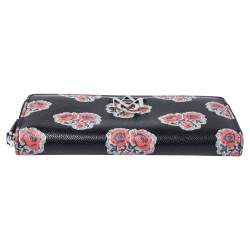 Pre Owned Alexander McQueen Black/Red Floral Print Leather Zip Around Continental Wallet