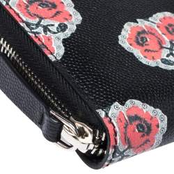 Pre Owned Alexander McQueen Black/Red Floral Print Leather Zip Around Continental Wallet