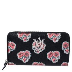 Pre Owned Alexander McQueen Black/Red Floral Print Leather Zip Around Continental Wallet