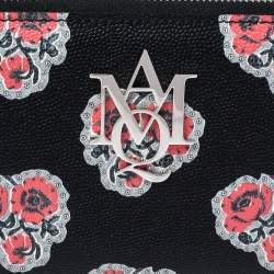 Pre Owned Alexander McQueen Black/Red Floral Print Leather Zip Around Continental Wallet
