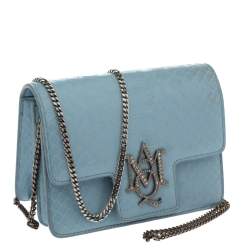 Pre Owned Alexander McQueen Powder Blue Python Mini Insignia Chain Bag