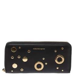 Pre Owned Alexander McQueen Black Leather Eyelet Zip Around Wallet