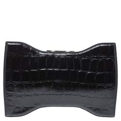 Pre Owned Alexander McQueen Black Croc Embossed Patent Leather Squeeze It Clutch 