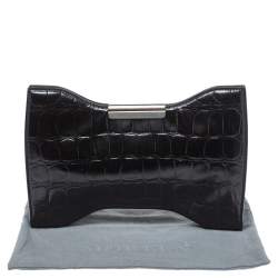 Pre Owned Alexander McQueen Black Croc Embossed Patent Leather Squeeze It Clutch 