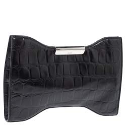 Pre Owned Alexander McQueen Black Croc Embossed Patent Leather Squeeze It Clutch 