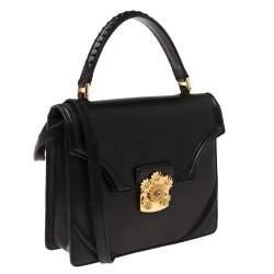 Alexander McQueen Black Leather Crystal Flower Clasp Top Handle Bag