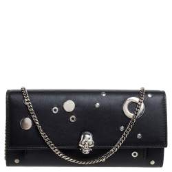 Pre Owned Alexander McQueen Black Leather Eyelet Wallet on Chain