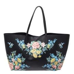 مملوكة مسبقًا Alexander McQueen Black Floral Print Leather Shopper Tote