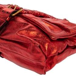 Pre Owned Alexander McQueen Metallic Red Leather Scrunch Shoulder Bag