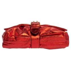 Pre Owned Alexander McQueen Metallic Red Leather Scrunch Shoulder Bag