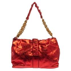 Pre Owned Alexander McQueen Metallic Red Leather Scrunch Shoulder Bag
