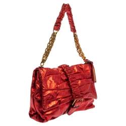 Pre Owned Alexander McQueen Metallic Red Leather Scrunch Shoulder Bag