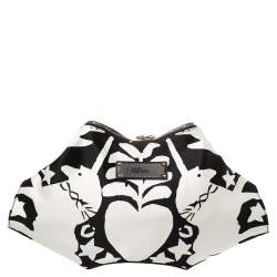 Pre Owned Alexander McQueen Black/White Printed Satin and Leather Medium De Manta Clutch