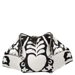 Pre Owned Alexander McQueen Black/White Printed Satin and Leather Medium De Manta Clutch