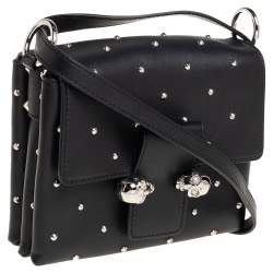 Pre Owned Alexander McQueen Black Leather Twin Skull Studded Crossbody Bag