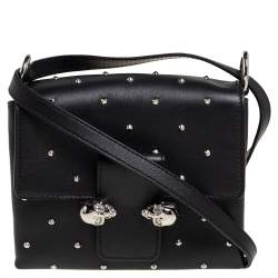 Pre Owned Alexander McQueen Black Leather Twin Skull Studded Crossbody Bag