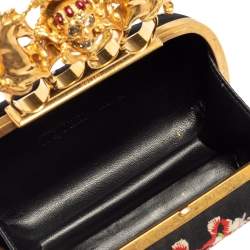 Pre Owned Alexander McQueen Black Satin Floral Embroidered Skull and Unicorn Knuckle Clutch