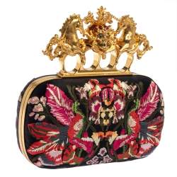 Pre Owned Alexander McQueen Black Satin Floral Embroidered Skull and Unicorn Knuckle Clutch
