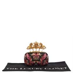 Pre Owned Alexander McQueen Black Satin Floral Embroidered Skull and Unicorn Knuckle Clutch