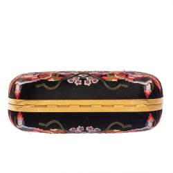 Pre Owned Alexander McQueen Black Satin Floral Embroidered Skull and Unicorn Knuckle Clutch