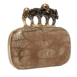 Pre Owned حقيبة كلتش أليكساندر ماكوين صندوق عقلة إصبع جلد بيج/ ذهبي ميتالك