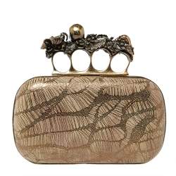 Pre Owned حقيبة كلتش أليكساندر ماكوين صندوق عقلة إصبع جلد بيج/ ذهبي ميتالك