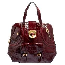 Pre Owned Alexander McQueen Burgundy Croc Embossed Patent Leather Novak Bag