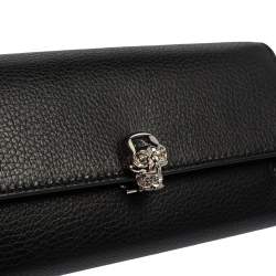 Pre Owned Alexander McQueen Black Leather Skull Continental Wallet On Chain