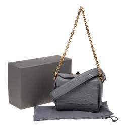 Pre Owned Alexander McQueen Grey Croc Embossed Leather Box Shoulder Bag