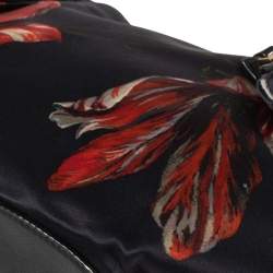Pre Owned Alexander McQueen Black/Pink Floral Print Satin and Leather Medium De Manta Clutch