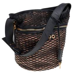 Alexander McQueen Black/Peach Woven Detail Leather Skull Bucket Bag