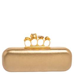 Pre Owned Alexander McQueen Metallic Gold Leather Skull Knuckle Box Clutch