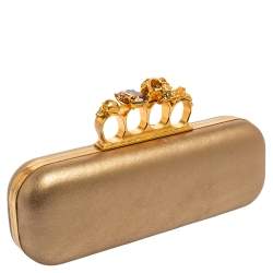 Pre Owned Alexander McQueen Metallic Gold Leather Skull Knuckle Box Clutch