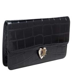 مملوكة مسبقًا Alexander McQueen Black Crocodile Embossed Leather Heart Lock Clutch