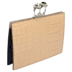Pre Owned Alexander McQueen Beige/Black Croc Embossed Leather Two Ring Clutch