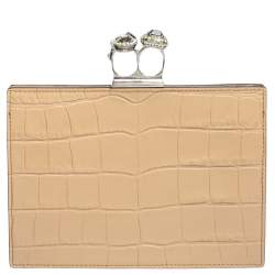 Pre Owned Alexander McQueen Beige/Black Croc Embossed Leather Two Ring Clutch
